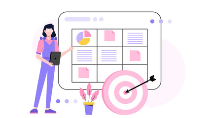 Woman presenting a plan hitting a target, ideal for business presentations, goal setting concepts, marketing strategies, success visualization.