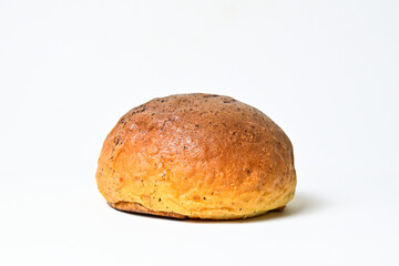 Side view of choco bun isolated on white background. clipping path, close up, baked, brown.