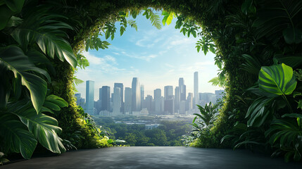 Plant and botanical archway framing distant city skyline window