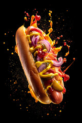 Fototapeta premium Delicious hot dog with mustard, ketchup, and onions splashing in vibrant colors