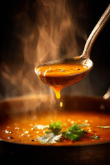 Ladle scoops thick, spicy lentil soup with steam rising, garnished with fresh herbs