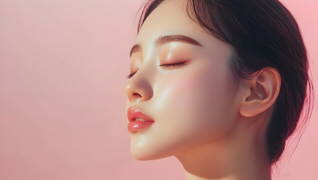 Woman face close up pink background