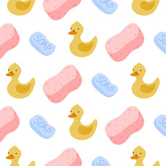 Cute rubber ducks and sponges pattern on a white background for childrens decor