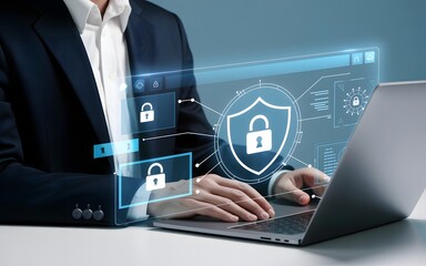 Businessman working on laptop with digital data security and cyber protection overlay