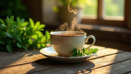 Aromatic Steam Rising from a Warm Cup of Tea on Rustic Wood