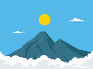 Mountain peak with sun and clouds, mountain landscape