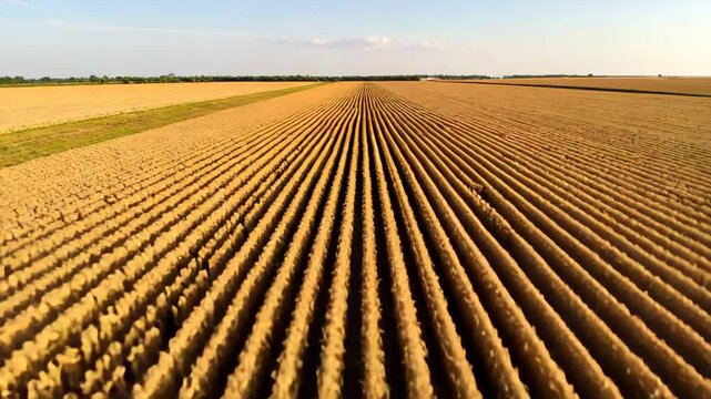 Aerial View: Golden Fields Rows Harvest