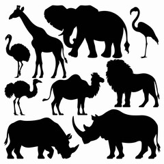 Collection of black animal silhouettes featuring a variety of wild and savanna species—elephants, giraffes, rhinos, antelopes, birds, and more—arranged on a white background in a compact grid layout.
