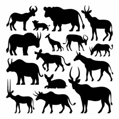Collection of black animal silhouettes featuring a variety of wild and savanna species—elephants, giraffes, rhinos, antelopes, birds, and more—arranged on a white background in a compact grid layout.
