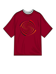 Modern Graphic T-Shirt. Geometric Spiral Print on Burgundy Tee Mockup. Maroon t-shirt featuring colorful spiral vortex design with geometric dots and abstract swirl pattern on front