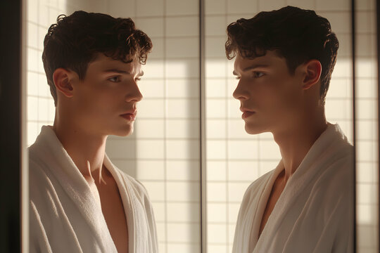 Young man looking in mirror bathroom