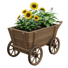 Rustic wooden cart filled with vibrant yellow sunflowers symbolizing harvest, summer, and countryside decoration, isolated on a transparent background, png, cutout