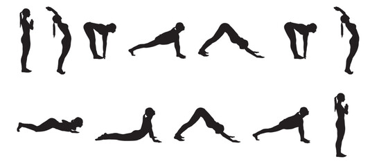 Yoga Sequence Silhouette on White Background. Vector Illustration.