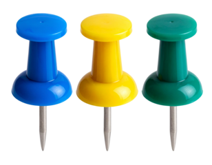 Colorful Push Pin Marker Set in Blue, Yellow, and Green, isolated on transparent background