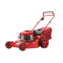 Modern red lawn mower machine for garden maintenance, grass cutting, and landscaping, isolated on a transparent background, png, cutout