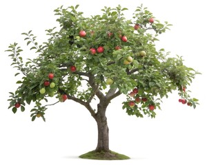 Full Apple Tree with Ripe Fruits Isolated on White Background