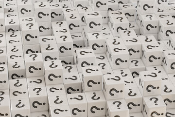 White dice with question marks background. 3d illustration.