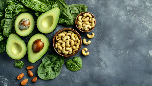 Avocados cashews spinach almonds healthy food