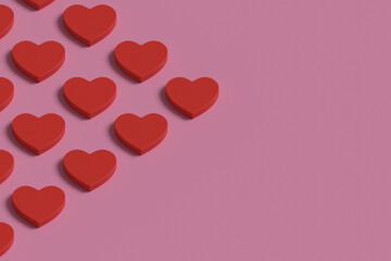 Isometric design of red hearts with copy space. 3D illustration.