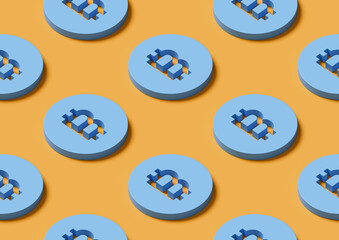 Isometric seamless pattern of Blue Bitcoins. 3d illustration.