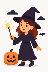 Little witch with pumpkin and magic wand halloween concept