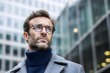 Hombre de mediana edad con barba mirando al cielo, con gafas, de cabello corto, con suéter de cuello alto y abrigo gris.
