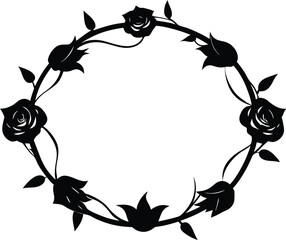 Circular rose garland with roses and thorns vector silhouette illustration
