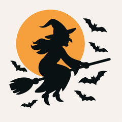 Witch flying on broom with bats and full moon