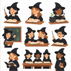 Witches studying magic at school classroom scene