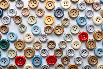 Fototapeta premium A vibrant collection of colorful buttons in various shapes and sizes, arranged on a white wooden background