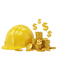 3D realistic yellow construction helmet with coins for economy, investment, construction, or business concept isolated on a transparent background, png, cutout