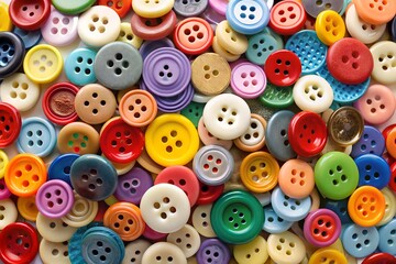 Obraz premium A vibrant collection of colorful buttons in various shapes and sizes, creating a cheerful and textured background