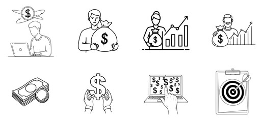Eight outline icons depicting various aspects of earning and managing money.