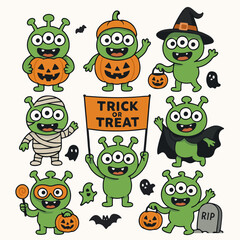 Fototapeta premium Halloween monster characters with pumpkins and spooky elements