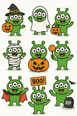Halloween monster characters with pumpkins and costumes
