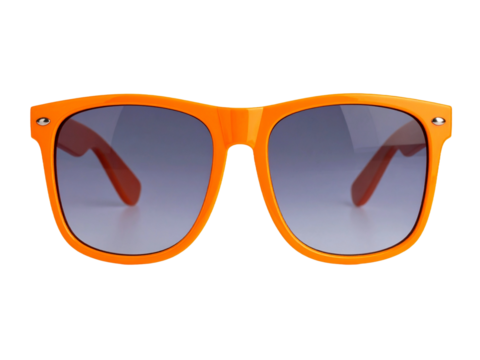Orange sunglasses with gray lenses on white background. Perfect for summer fashion, beach accessories, trendy lifestyle, and colorful product advertisements.