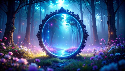 magical mirror in dark forest with dreamy concept
