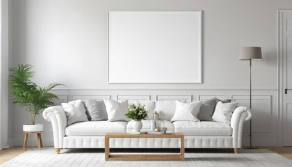 Fototapeta premium Neutral Style Lounge with White Blank Art Frame