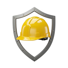 3D realistic shield with yellow construction helmet for safety, protection, construction, or building concept isolated on a transparent background, png, cutout
