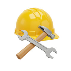 3D realistic tools and yellow helmet set for construction, maintenance, engineering, or building concept isolated on a transparent background, png, cutout