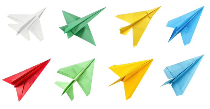 A collection of colorful paper airplanes against a transparent background - Powered by Adobe