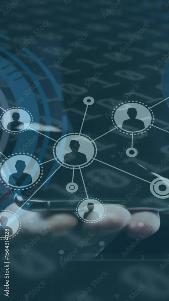 Poster animation of network of connections with people icons, scopes scanning and binary coding