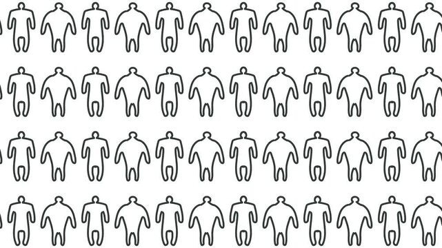 Animation of a crowd of simple drawn people. They move quickly in horizontal rows.