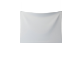 White fabric banner mockup hangs against black, a blank canvas for signs, presentations, and promotional displays, suitable for design integration.