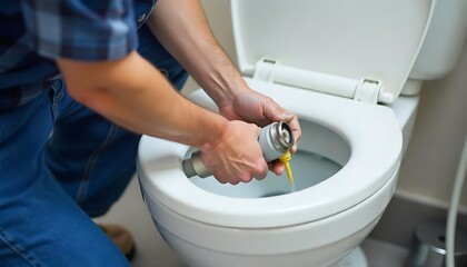  Professional plumber sealing toilet bowl in restroom, created with generative ai