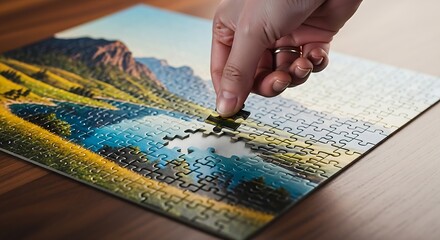 Hand placing final puzzle piece on serene mountain lake scene