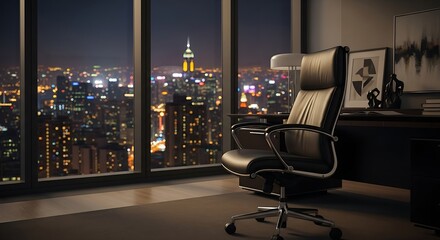 Luxurious office interior with sleek chair and breathtaking cityscape view at dusk