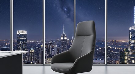 Sleek office chair with futuristic design overlooking a vibrant cityscape at dusk.