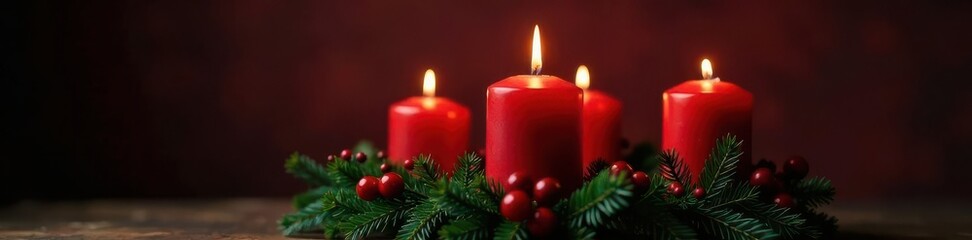 Classic Advent wreath, four red candles on evergreen, tradition, celebration, evergreen