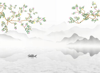Winter Chinese Ink Landscape with Blossoming Peach Tree and Boat